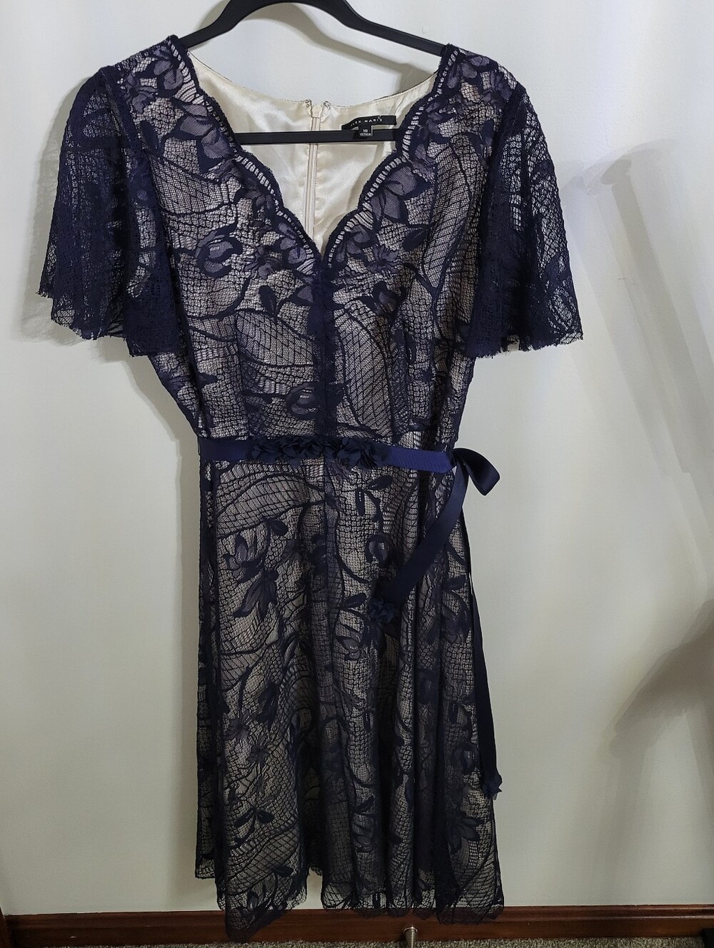 Alex Marie Navy Lace Overlay V-Neck Dress with Ribbon Tie, Size 10